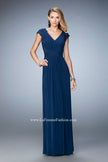 Picture of: Cap Sleeve Evening Gown with Pleats and Lace in Blue, Style: 23004, Detail Picture 1