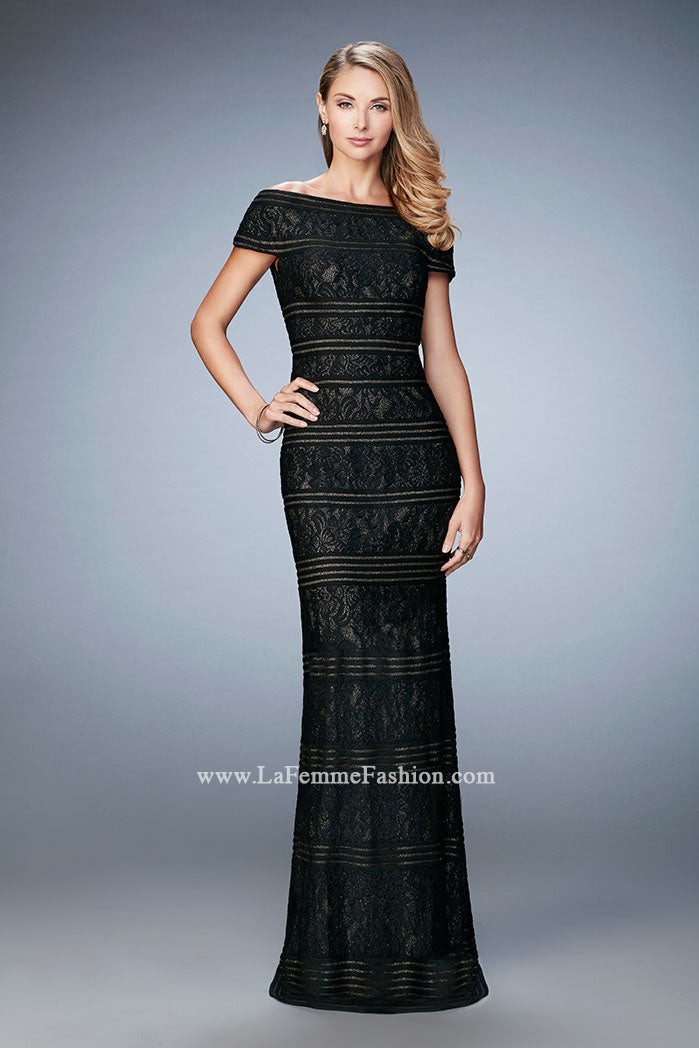 Picture of: Gold Lined Cap Sleeve Lace Evening Dress in Black, Style: 23012, Main Picture