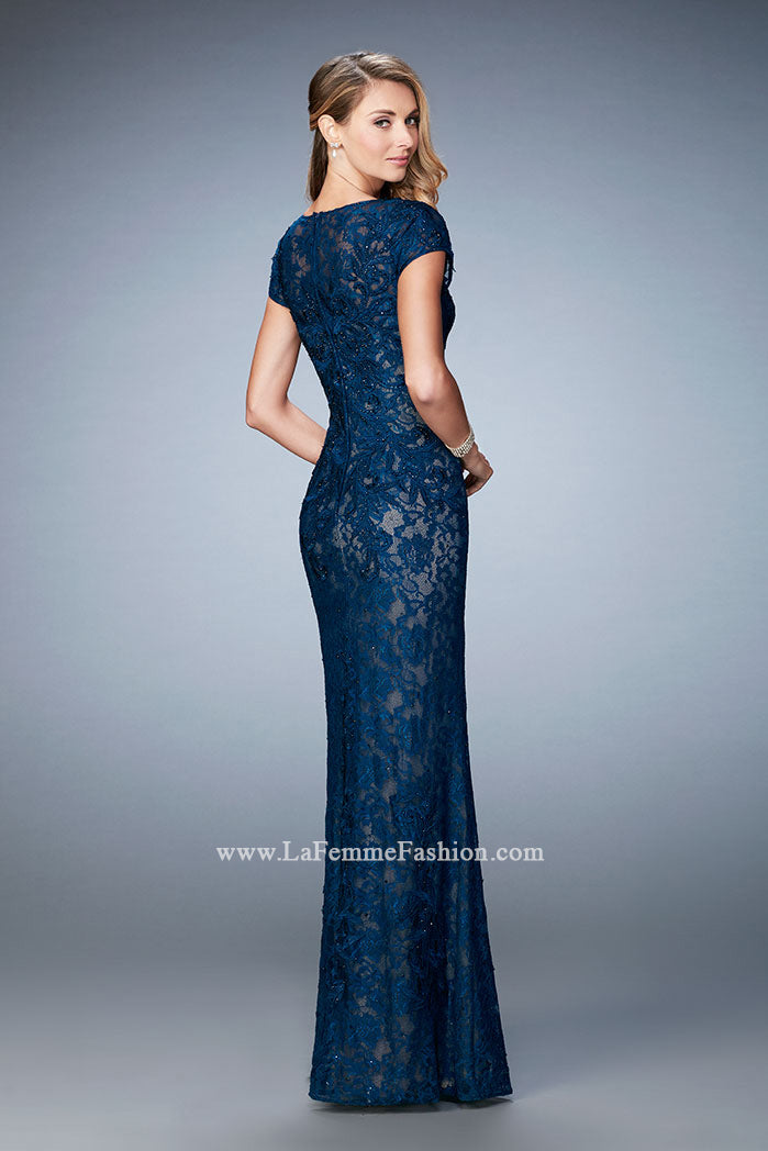 Picture of: Lace and Jewel Embroidered Gown with Short Sleeves in Blue, Style: 23071, Back Picture