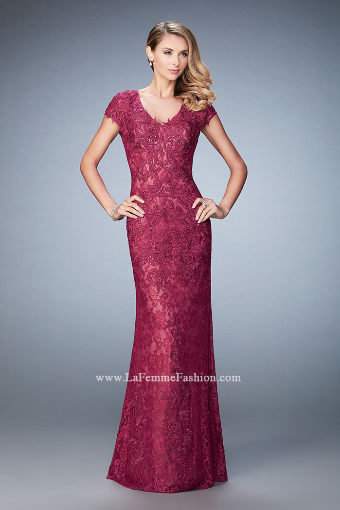 Picture of: Lace and Jewel Embroidered Gown with Short Sleeves in Red, Style: 23071, Detail Picture 1