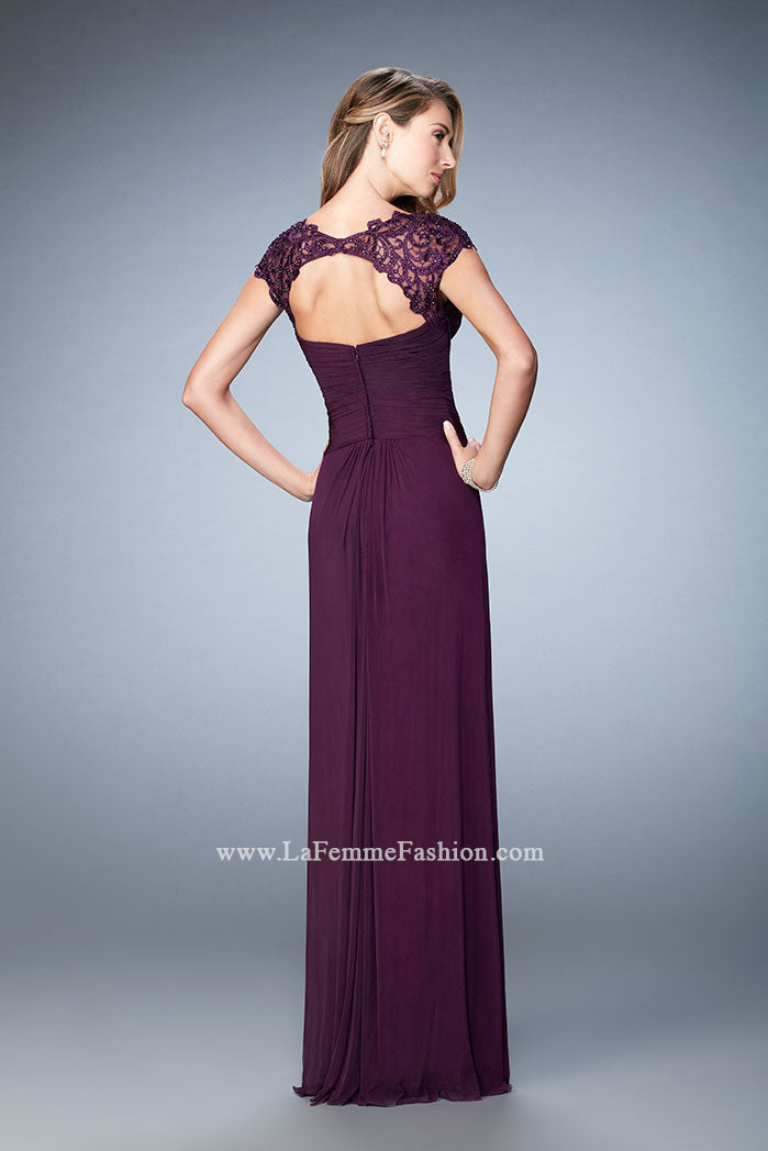 Picture of: Lace Cap Sleeve Dress with Open Back in Purple, Style: 23084, Back Picture