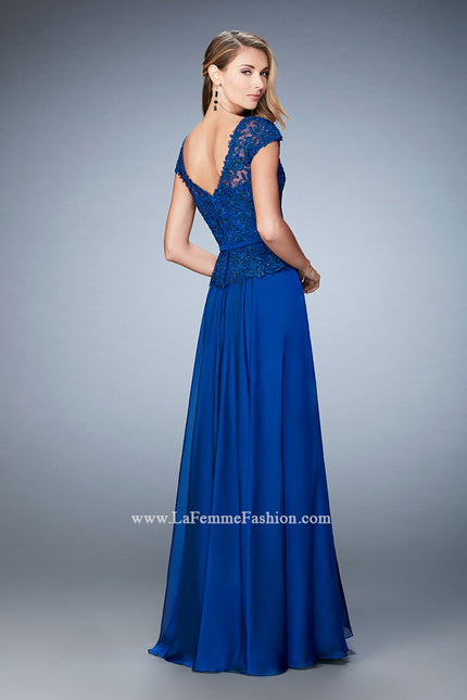 Picture of: Chiffon Evening Dress with Fitted Belt in Blue, Style: 23085, Back Picture