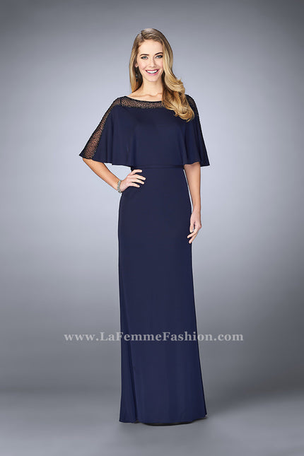 Picture of: Sheer Beaded Evening Dress with Faux Cape in Blue, Style: 23113, Main Picture