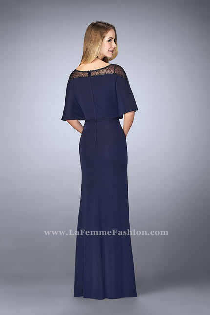 Picture of: Sheer Beaded Evening Dress with Faux Cape in Blue, Style: 23113, Back Picture