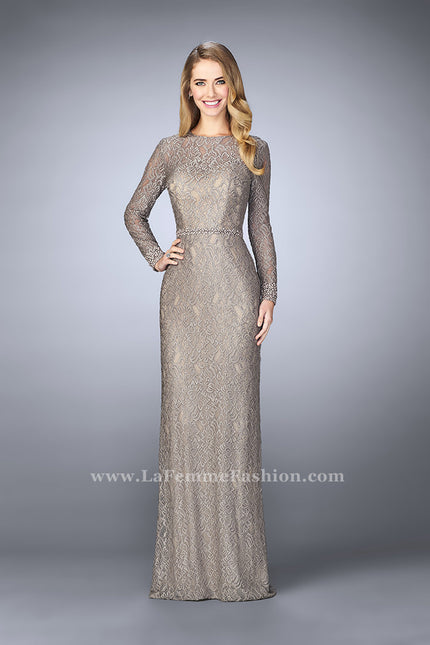 Picture of: Long Sleeve Lace Dress with Beaded Belt and Cuffs in Silver, Style: 23115, Main Picture