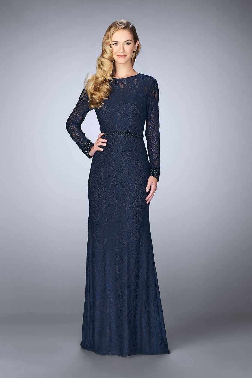 Picture of: Long Sleeve Lace Dress with Beaded Belt and Cuffs in Blue, Style: 23115, Detail Picture 1