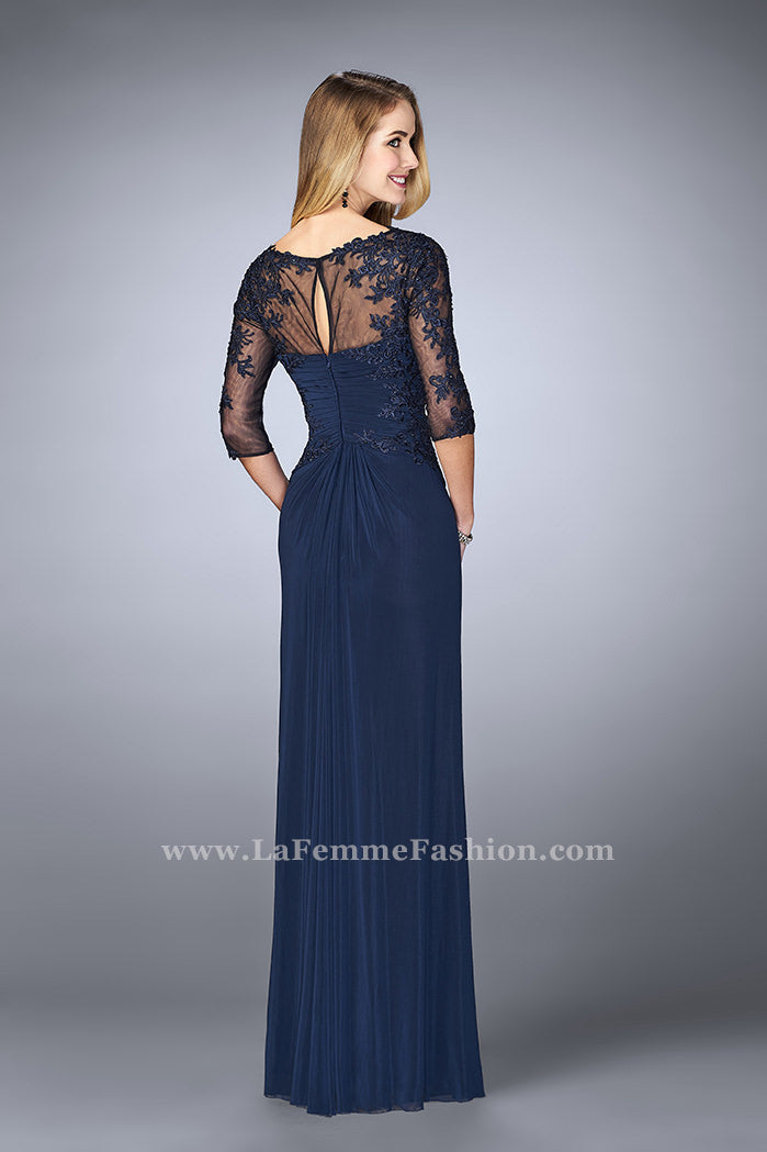 Picture of: 3/4 Sleeve Evening Dress with Lace Accents in Blue, Style: 23118, Back Picture