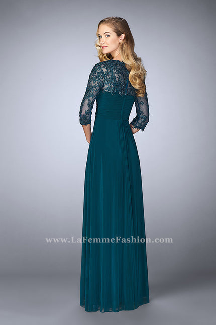 Picture of: Long Evening Gown with 3/4 Sleeves and Empire Waist in Green, Style: 23141, Back Picture