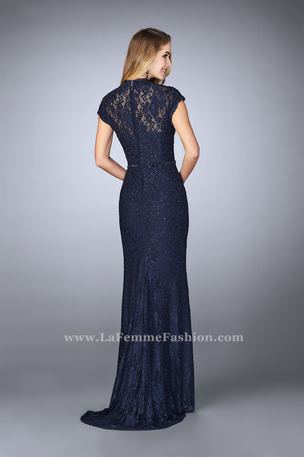 Picture of: Stretch Lace Gown with Sheer Lace Detailing in Blue, Style: 23148, Back Picture