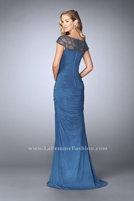 Picture of: Net Jersey Dress with Beading and Sheer Neckline in Blue, Style: 23215, Back Picture