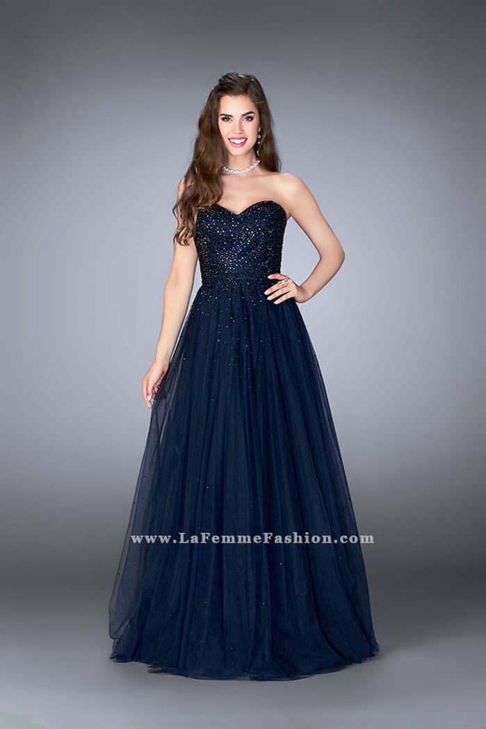 Picture of: Sweetheart Strapless Tulle Dress with a Beaded Bodice in Blue, Style: 23228, Detail Picture 1