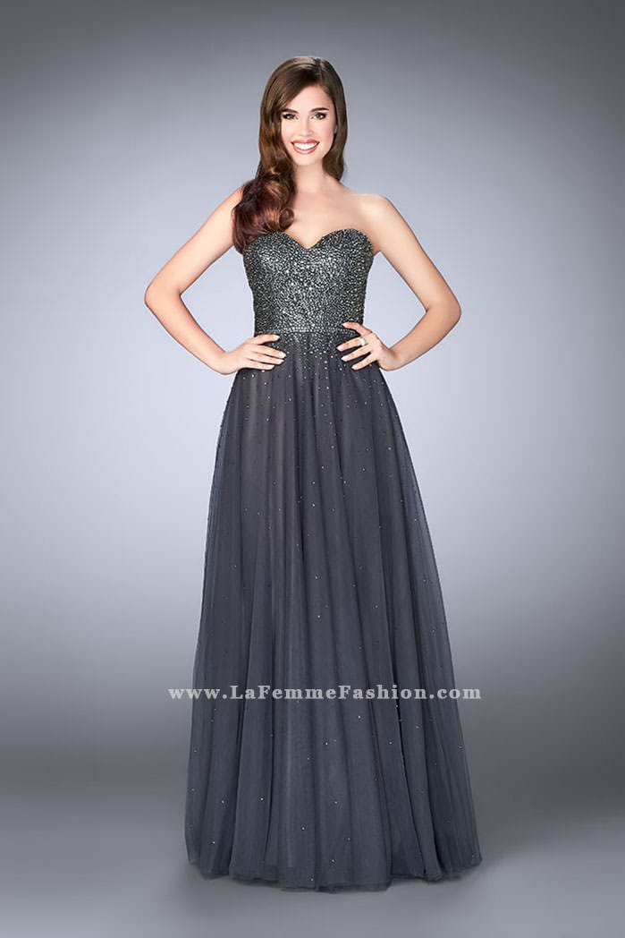 Picture of: Sweetheart Strapless Tulle Dress with a Beaded Bodice in Silver, Style: 23228, Detail Picture 2