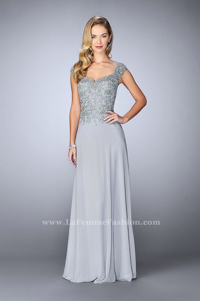 Picture of: Cap Sleeve Beaded Lace Evening Gown in Silver, Style: 23286, Main Picture