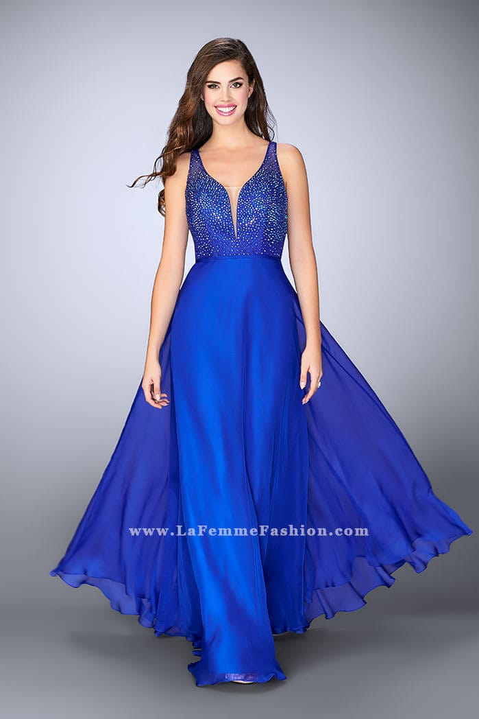 Picture of: Chiffon A-line Dress with Beading and Deep V neckline in Blue, Style: 23304, Main Picture