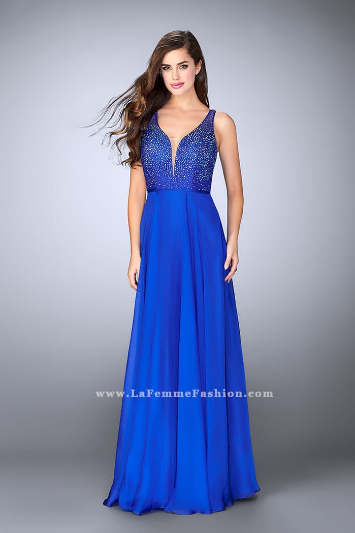 Picture of: Chiffon A-line Dress with Beading and Deep V neckline in Blue, Style: 23304, Detail Picture 1