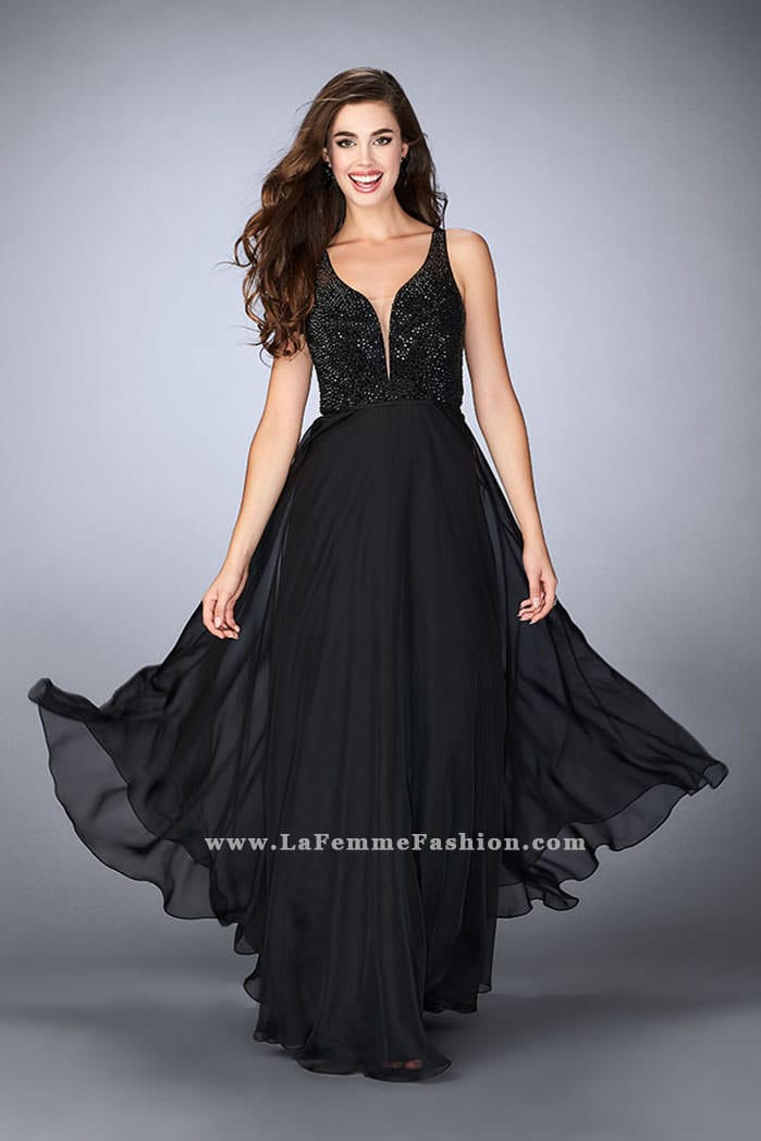 Picture of: Chiffon A-line Dress with Beading and Deep V neckline in Black, Style: 23304, Detail Picture 2