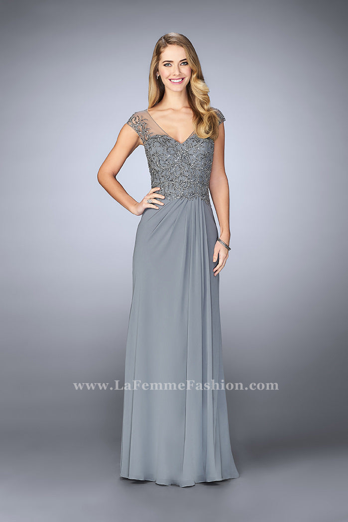 Picture of: Sheer Cap Sleeve Crepe Jersey Gown in Silver, Style: 23316, Main Picture