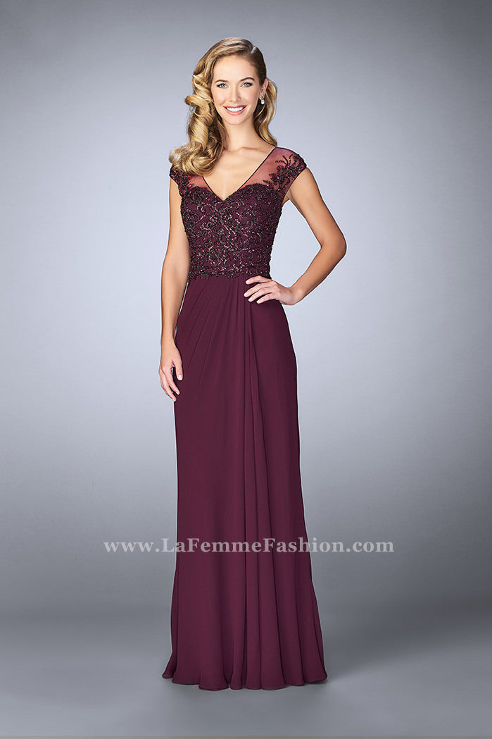 Picture of: Sheer Cap Sleeve Crepe Jersey Gown in Purple, Style: 23316, Detail Picture 1