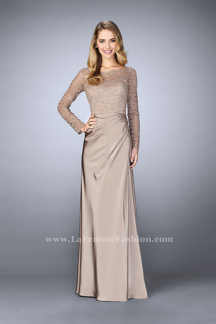 Picture of: Beaded Lace Bodice Evening Dress with Sheer Sleeves in Brown, Style: 23435, Main Picture