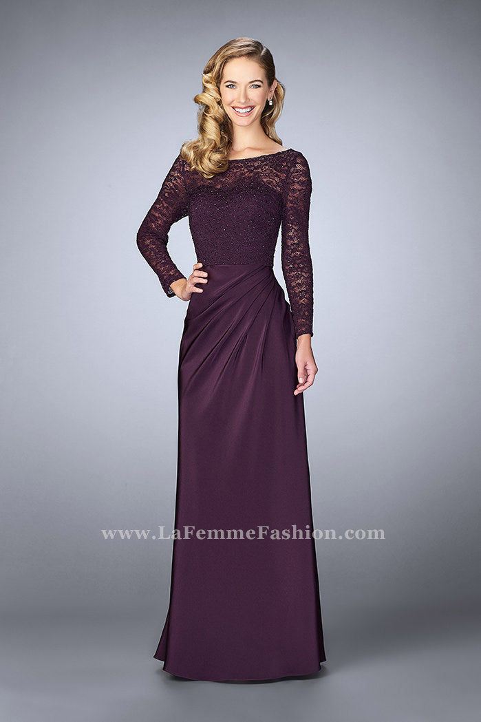 Picture of: Beaded Lace Bodice Evening Dress with Sheer Sleeves in Purple, Style: 23435, Detail Picture 1
