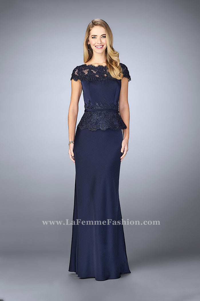 Picture of: Belted Evening Dress with Embroidered Peplum in Blue, Style: 23444, Main Picture