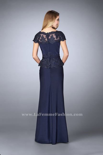 Picture of: Belted Evening Dress with Embroidered Peplum in Blue, Style: 23444, Back Picture