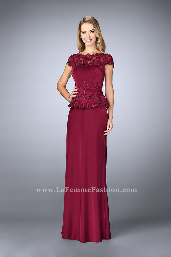 Picture of: Belted Evening Dress with Embroidered Peplum in Red, Style: 23444, Detail Picture 1