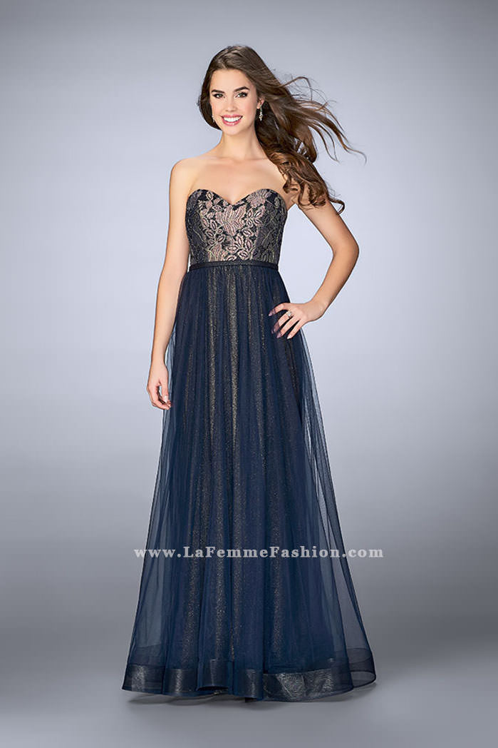 Picture of: Long A-Line Dress with Tulle Skirt and Gold Lining in Blue, Style: 23455, Main Picture