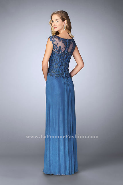 Picture of: Net evening Gown with Sheer Neckline in Blue, Style: 23456, Back Picture