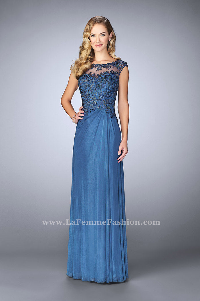 Picture of: Net evening Gown with Sheer Neckline in Blue, Style: 23456, Detail Picture 1
