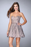 Picture of: Short Homecoming Dress with Scalloped Hem and Bow in Silver, Style: 23519, Main Picture