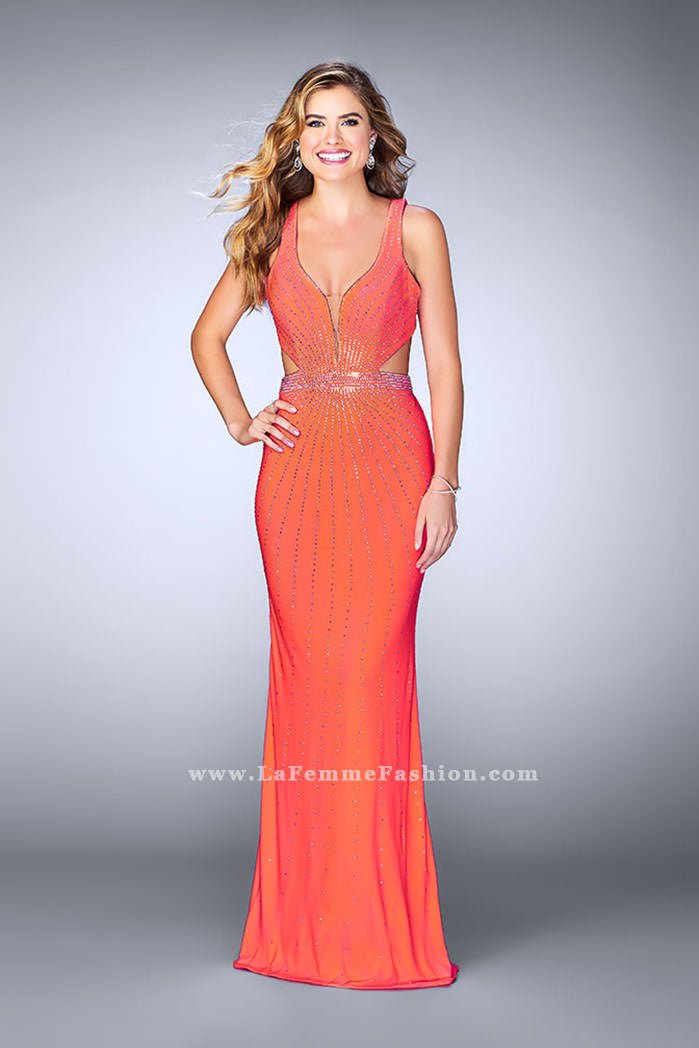 Picture of: Fitted Prom Dress with Rhinestone and Deep V Neckline in Orange, Style: 23586, Detail Picture 3