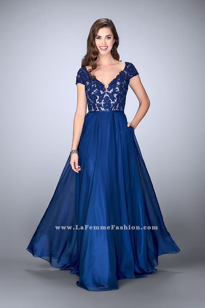 Picture of: A-line Dress with Cap Sleeves, Lace Top and Chiffon Skirt in Blue, Style: 23587, Main Picture