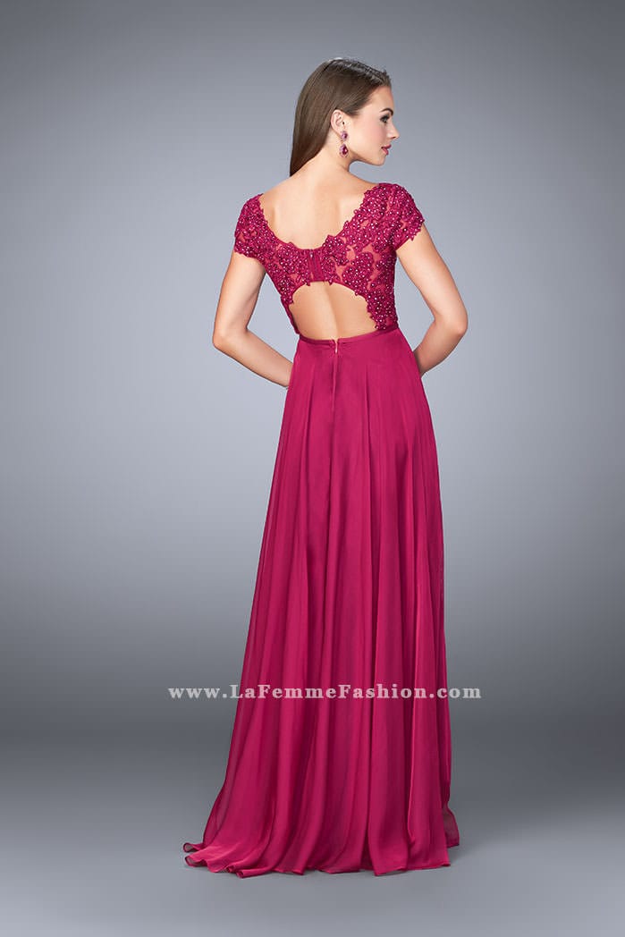 Picture of: A-line Dress with Cap Sleeves, Lace Top and Chiffon Skirt in Pink, Style: 23587, Back Picture
