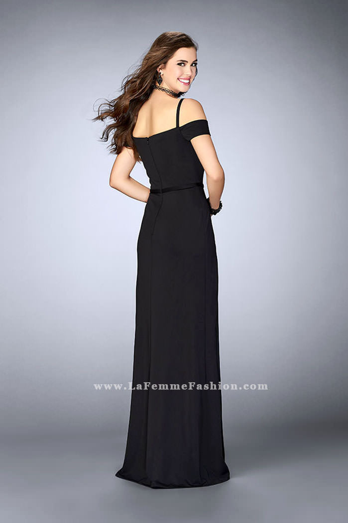 Picture of: Double Slit Off the Shoulder Dress with Lace Inlays in Black, Style: 23607, Back Picture