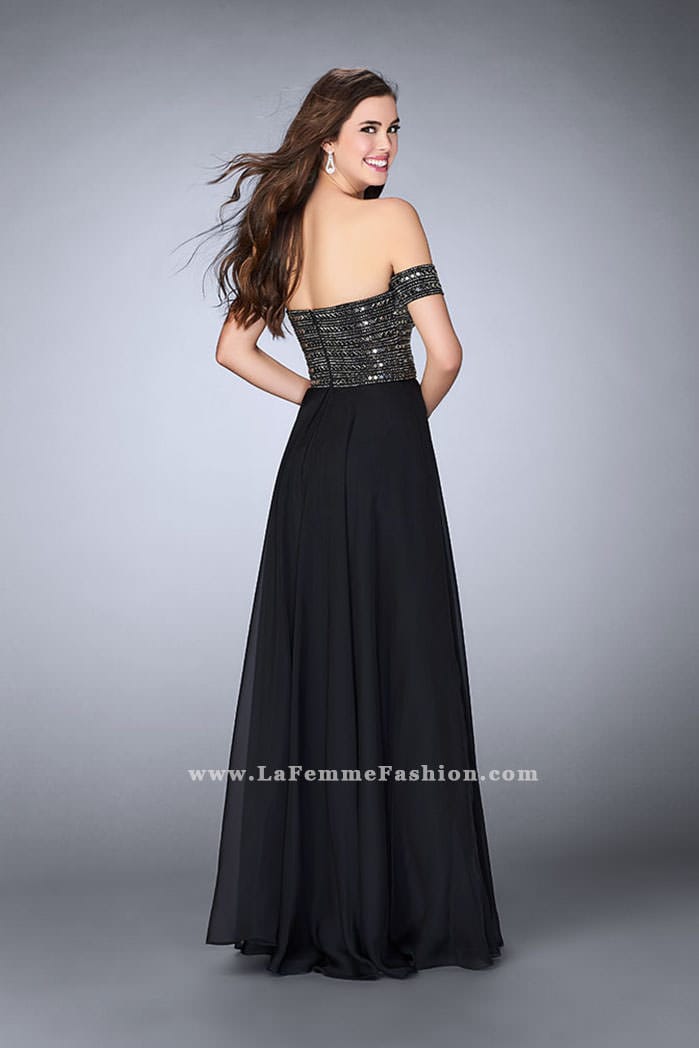 Picture of: Off the Shoulder Long Prom Dress with Beaded Bodice in Black, Style: 23644, Back Picture