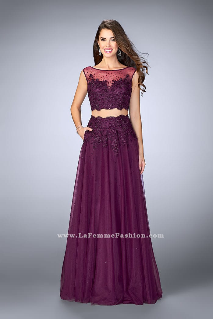 Picture of: Lace Two Piece Dress with a High Neck and Tulle Skirt in Purple, Style: 23666, Main Picture