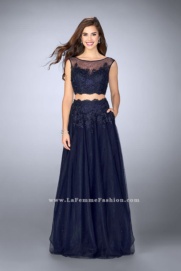 Picture of: Lace Two Piece Dress with a High Neck and Tulle Skirt in Blue, Style: 23666, Detail Picture 1
