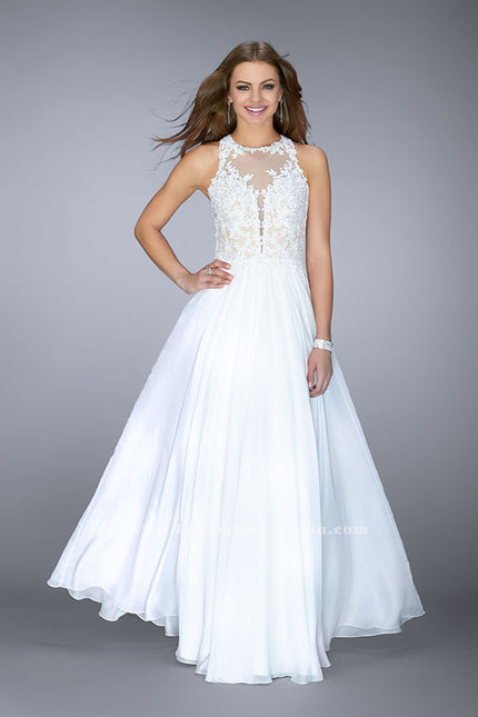 Picture of: A-line Dress with Lace Illusion Neckline and Chiffon Skirt in White, Style: 23704, Main Picture