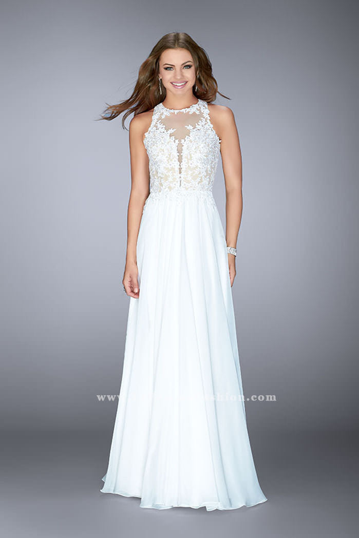 Picture of: A-line Dress with Lace Illusion Neckline and Chiffon Skirt in White, Style: 23704, Detail Picture 1