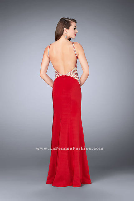 Picture of: Long Prom Gown with High Neck and Beaded Cut Outs in Red, Style: 23718, Back Picture
