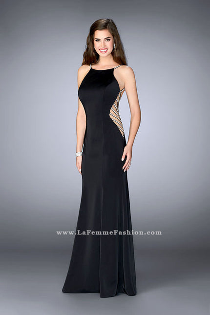 Picture of: Long Prom Gown with High Neck and Beaded Cut Outs in Black, Style: 23718, Detail Picture 2