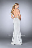 Picture of: Long Prom Gown with High Neck and Beaded Cut Outs in Silver, Style: 23718, Detail Picture 4