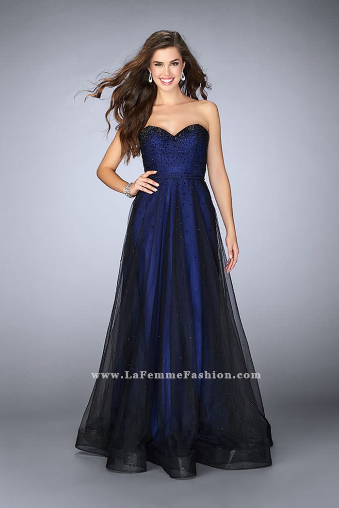 Picture of: Strapless Dress with Rhinestones and a Tulle Overlay in Blue, Style: 23723, Main Picture