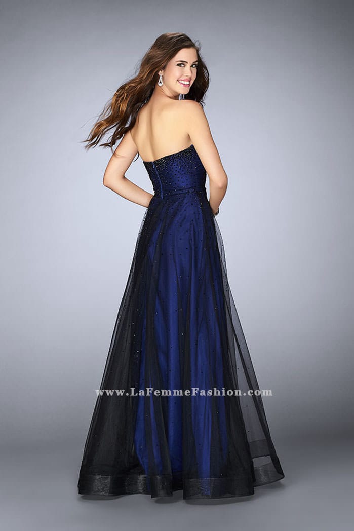 Picture of: Strapless Dress with Rhinestones and a Tulle Overlay in Blue, Style: 23723, Back Picture