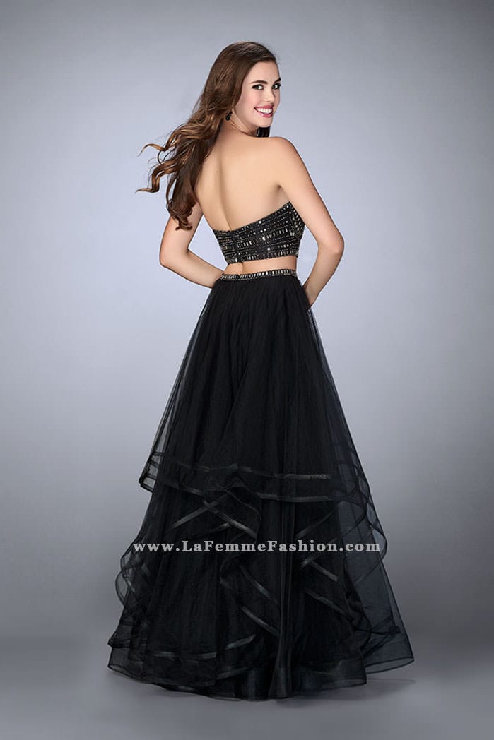 Picture of: Beaded Two Piece Dress with Layered Skirt and Corset in Black, Style: 23753, Back Picture
