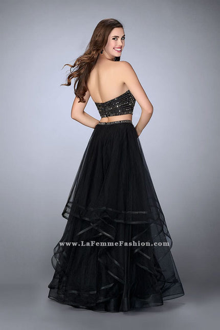 Picture of: Beaded Two Piece Dress with Layered Skirt and Corset in Black, Style: 23753, Back Picture
