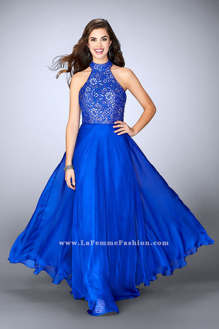 Picture of: High Collar A-line Dress with Lace Top and Chiffon Skirt in Blue, Style: 23754, Main Picture