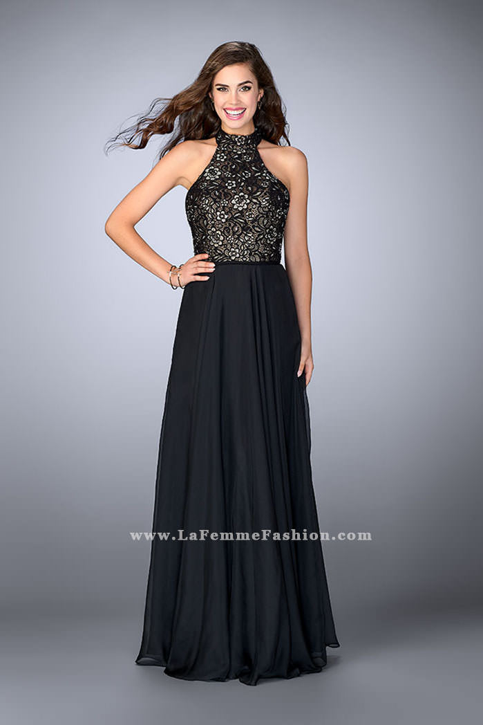Picture of: High Collar A-line Dress with Lace Top and Chiffon Skirt in Black, Style: 23754, Detail Picture 1