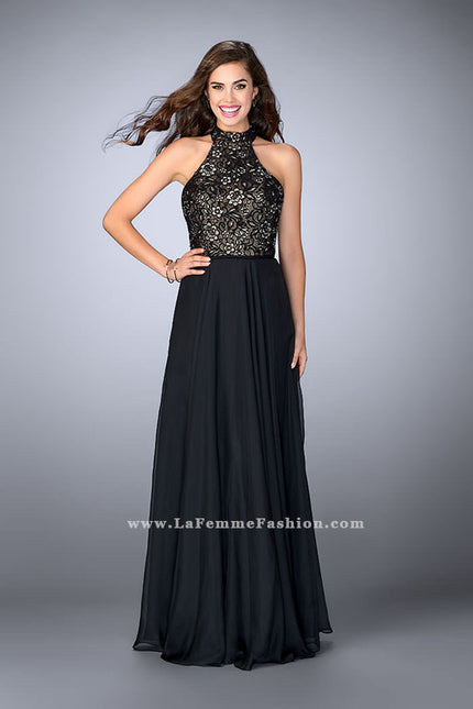 Picture of: High Collar A-line Dress with Lace Top and Chiffon Skirt in Black, Style: 23754, Detail Picture 1